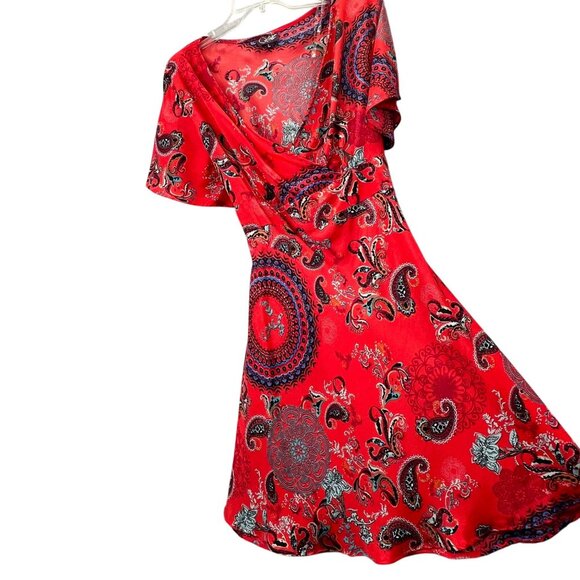 Vintage Coline Red Paisley Dress L Boho Fairy Slinky Bell Sleeve V Neck - Picture 1 of 8
